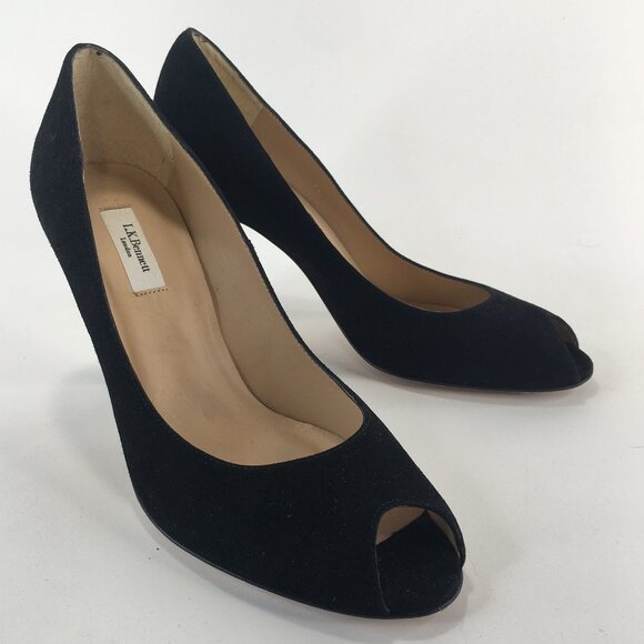 L.K. Bennett Black Suede Peep Toe Heels Size 39.5 - Picture 1 of 10
